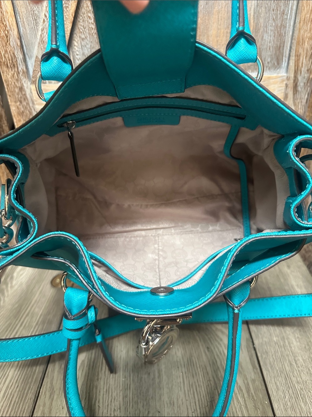 Michael Kors Turquoise Satchel Tote with Silver Padlock & Chain Shoulder Handbag - Picture 7 of 16